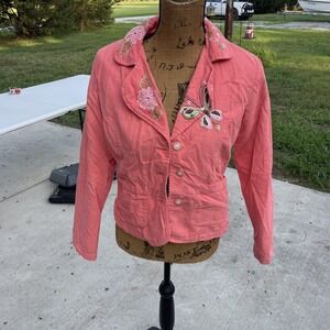 Life Style Women's Embroidered Blazer Corduroy Jacket Long Sleeve Orange Size S‎